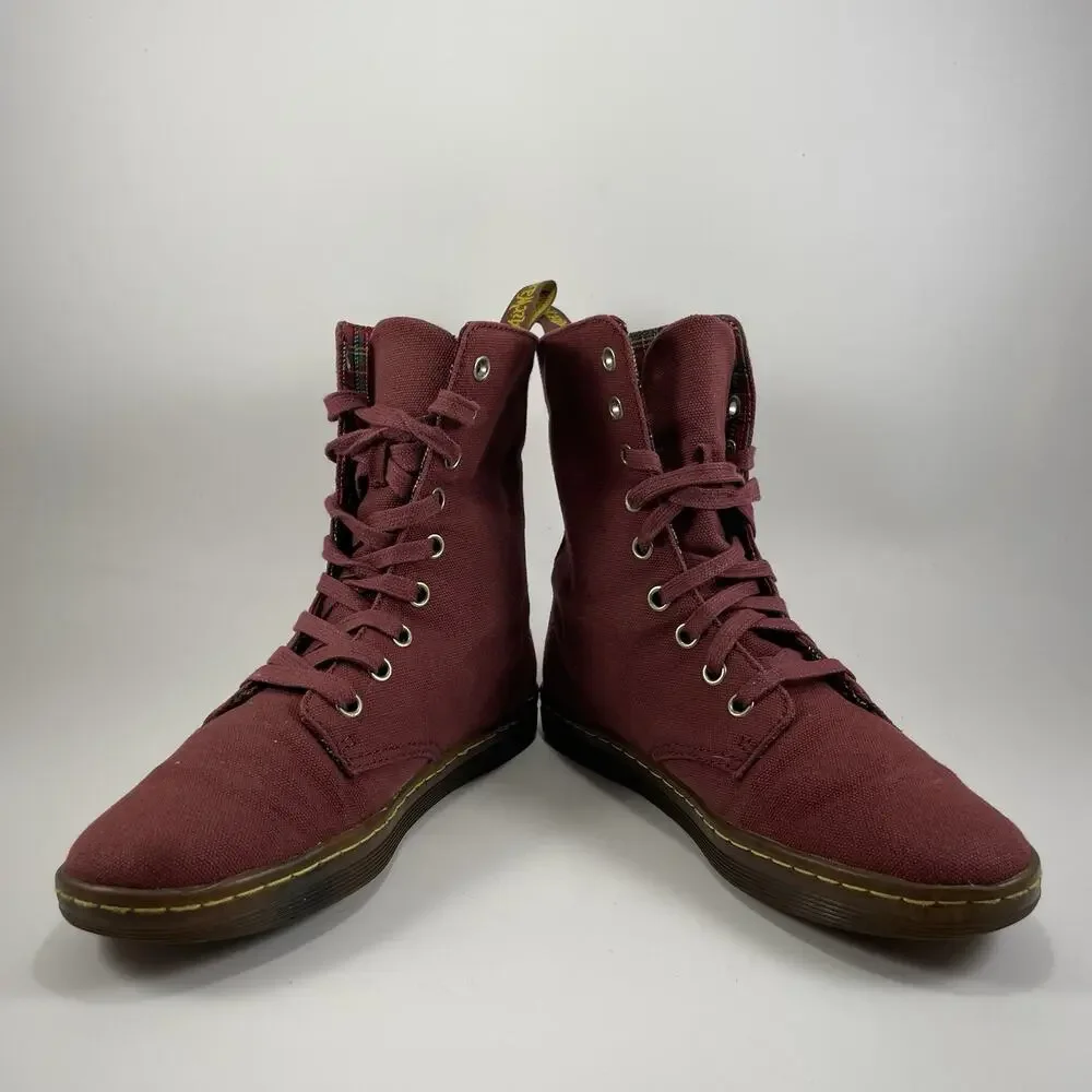 Dr Martens Docs Stratford Canvas Fold Over Boots Womens Size 6 Red Tartan Inlay